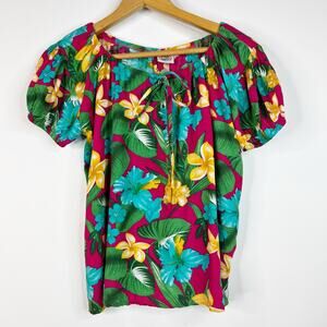 Makai Beach Hawaii Puff Sleeve Top Womens Large Tropical Floral Colorful Rayon